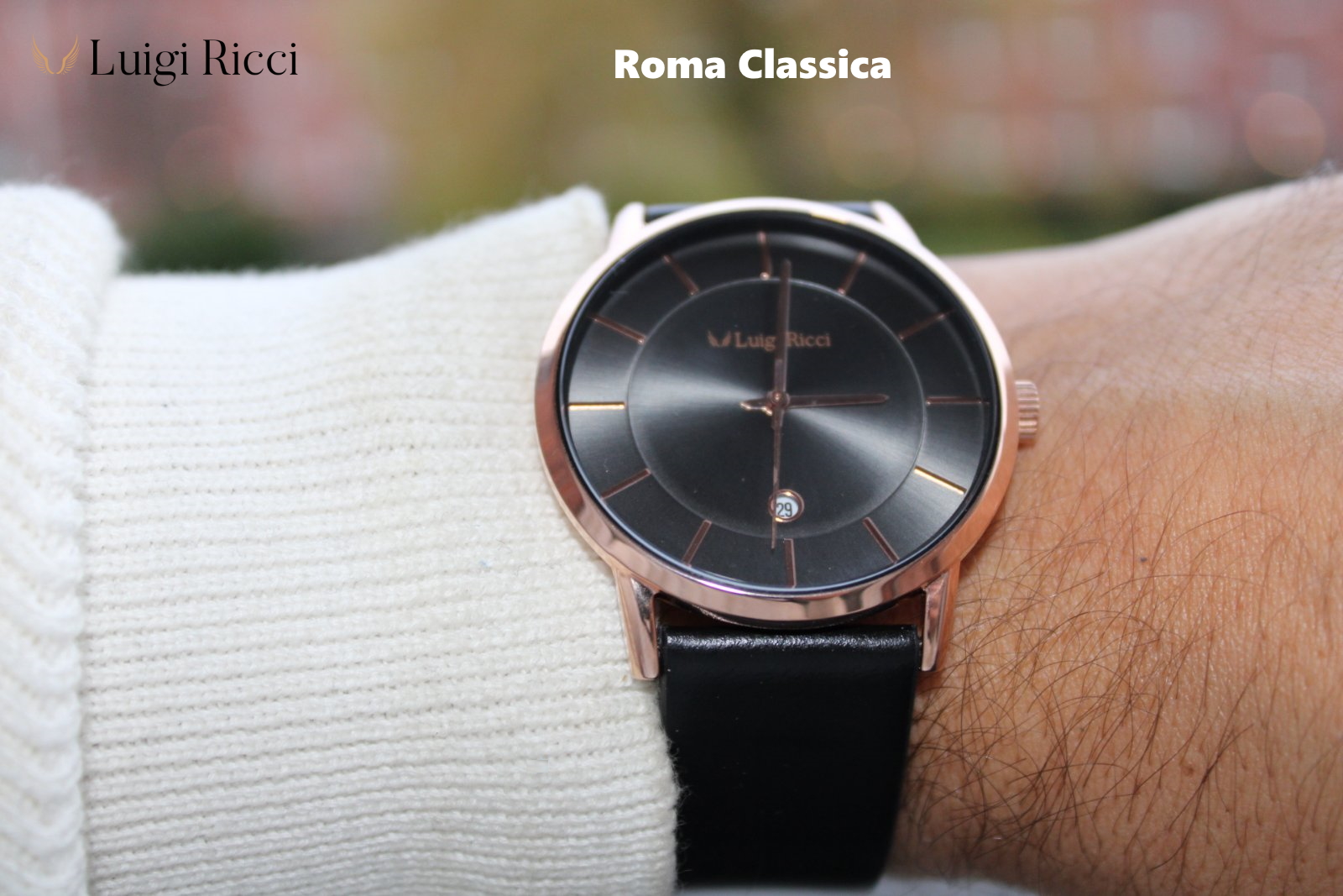 Luigi Ricci Roma Classica - Klassisk sort unisex ur med læder rem